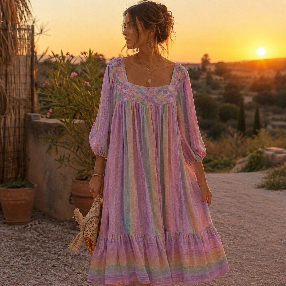 Vtg 70s RAMONA RULL hippy boho mirror ruffle  Bell Sleeve Dress sz  3X